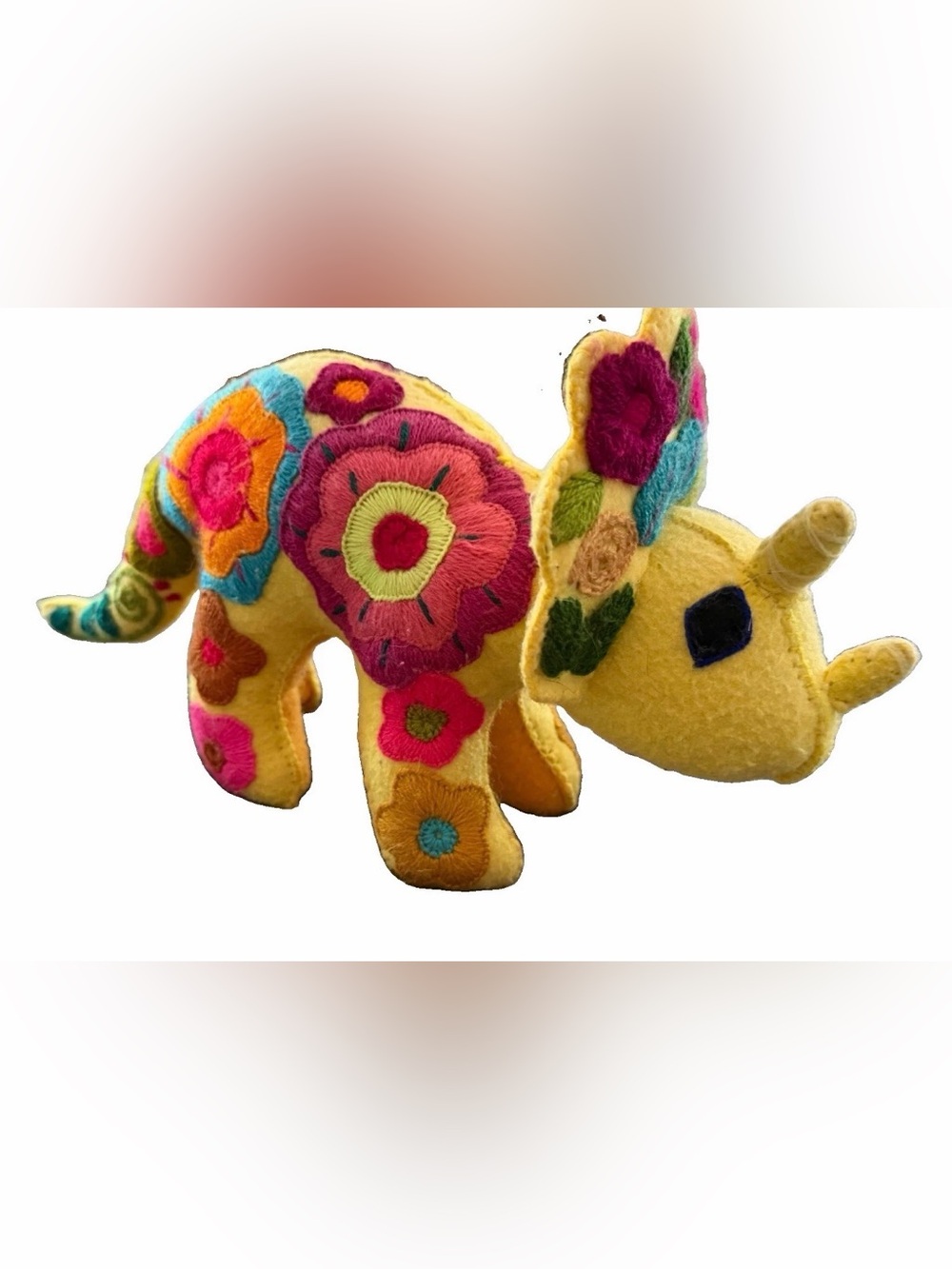 Handmade Felted And Embroidered Triceratops From Chiapas Mexico - One Of A Kind!